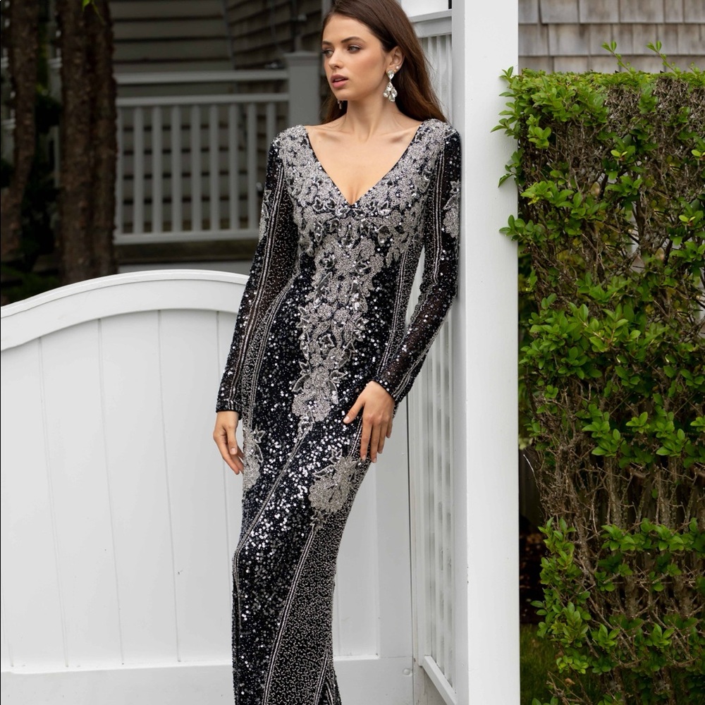 Primavera Couture Long Sleeve beaded fitted gown